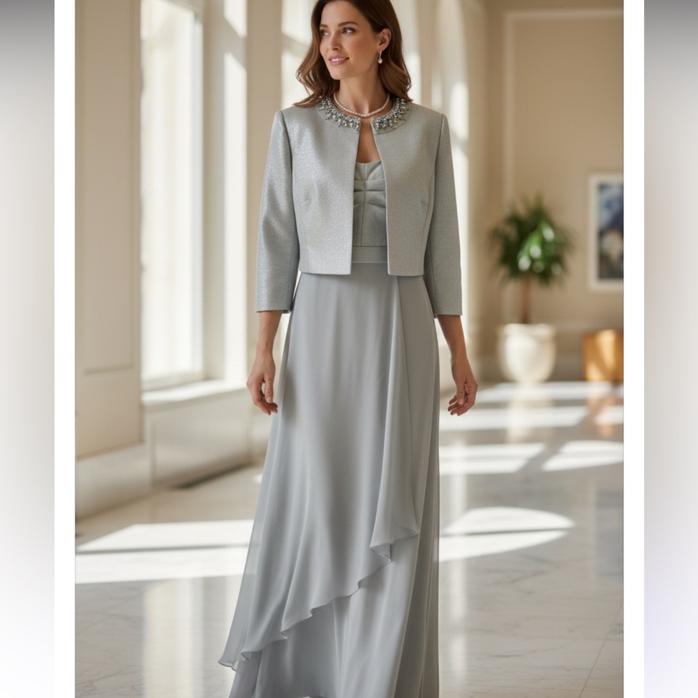 TAHARI CHIFFON GOWN WITH JACKET SIZE 8 METALLIC JACQUARD ARTHUR LEVINE MINT. - Picture 4 of 15